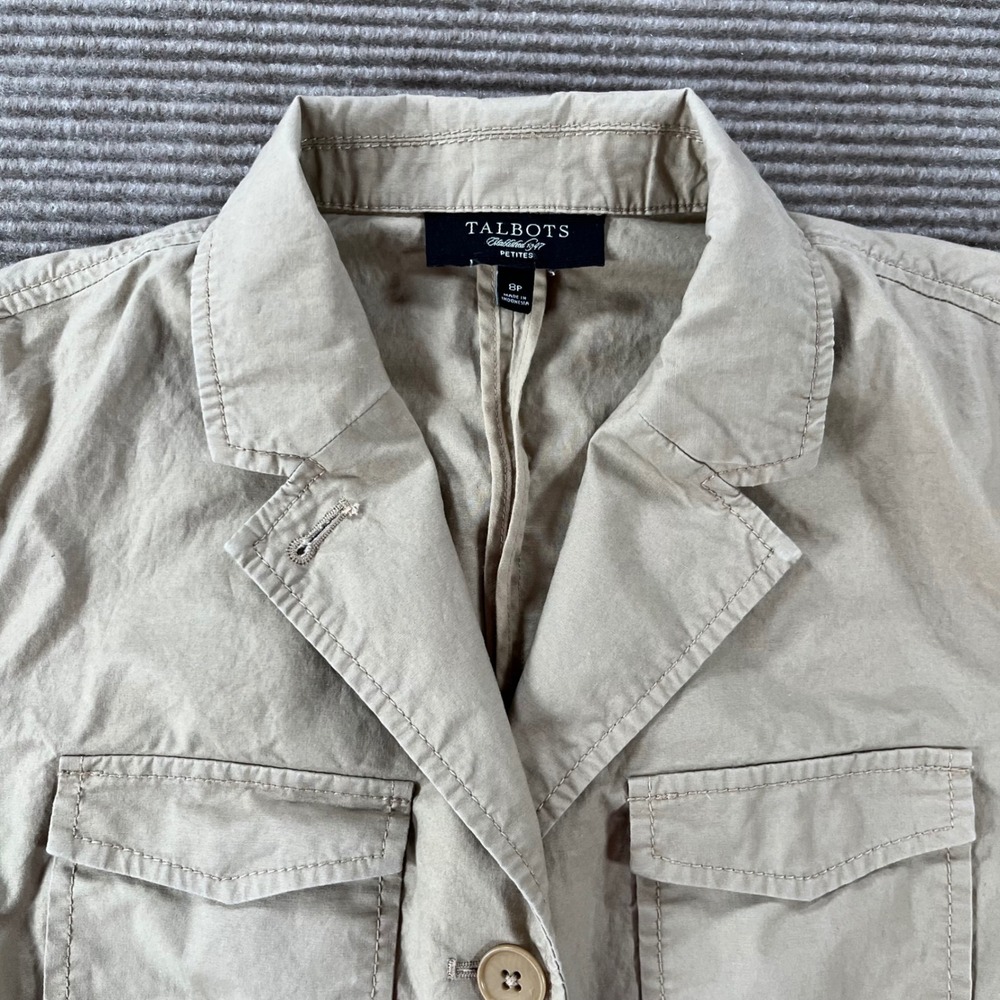 Talbots Petites Tan Khaki Cotton Utility Blazer Safari Jacket 4-Pocket Size 8P - Picture 2 of 9